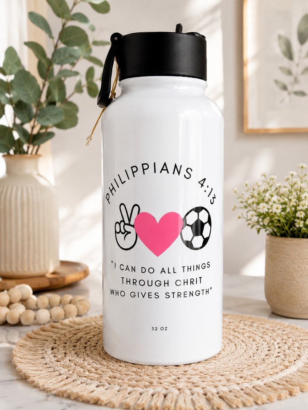 White Inspirational Philippians 4:13 Water Bottle with Pink Heart 32Oz.